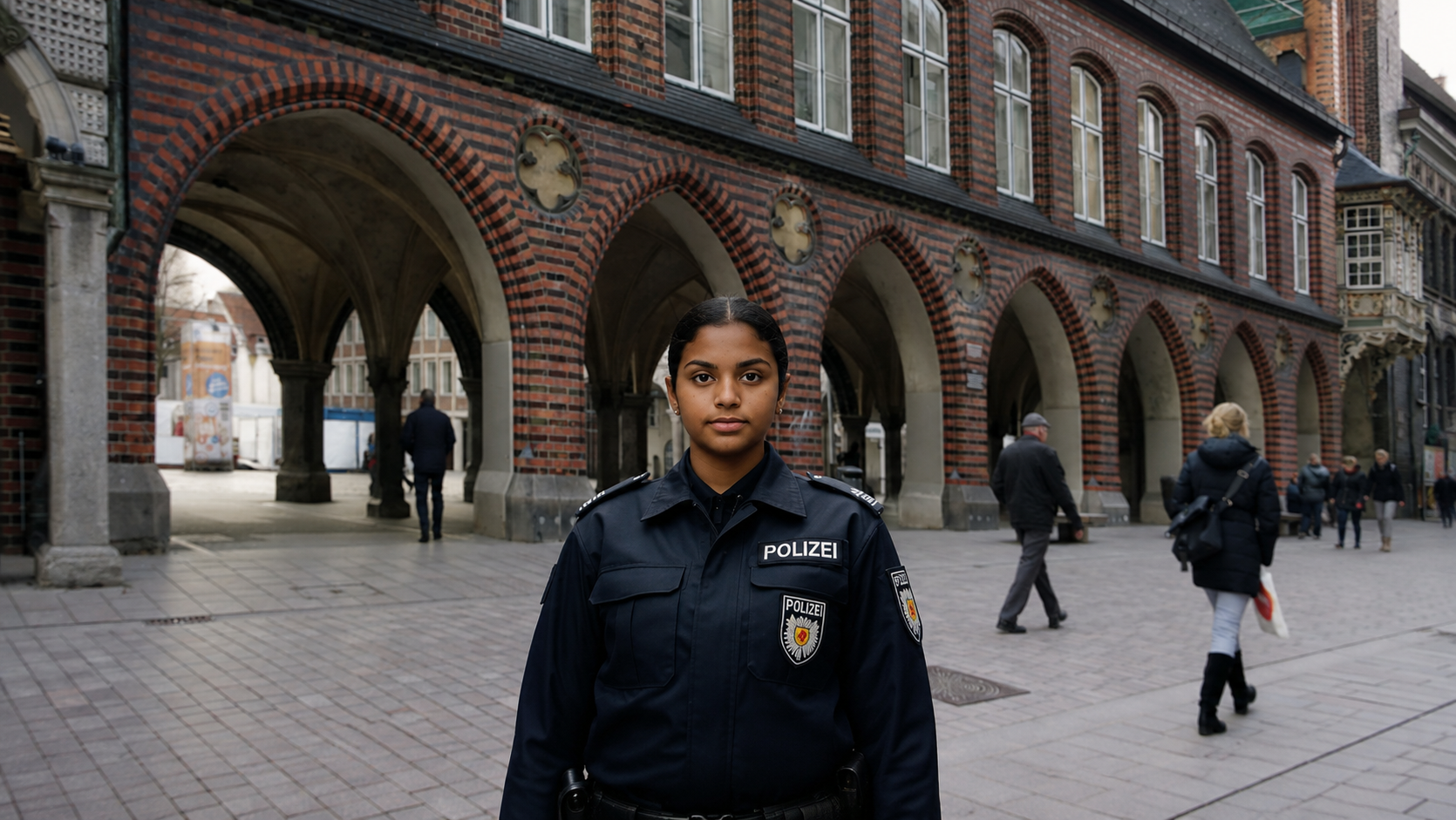 Polizistin vor dem Lübecker Rathaus
