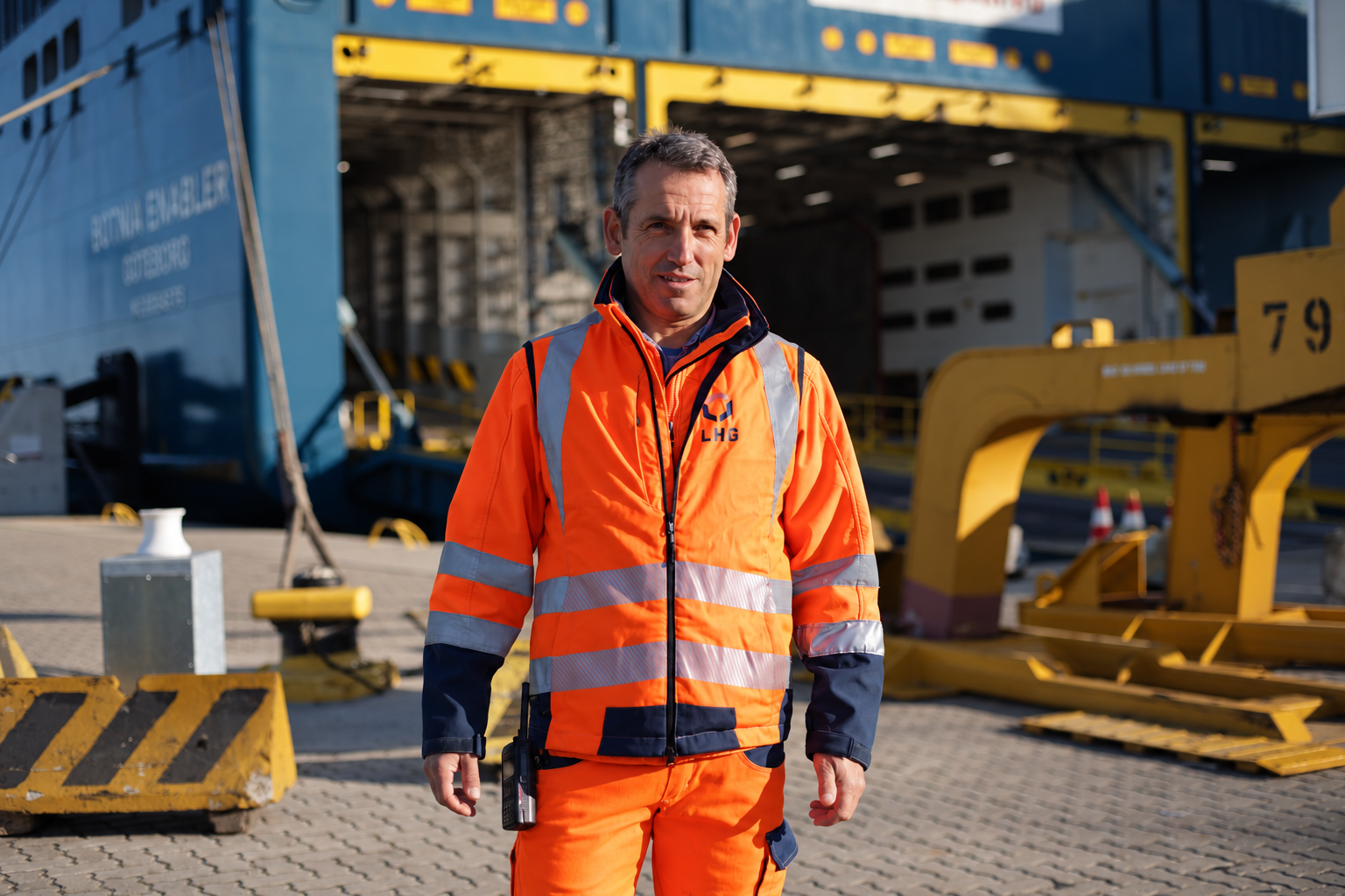 Mitarbeiter der Lübecker Hafen-Gesellschaft vor einem Schiff